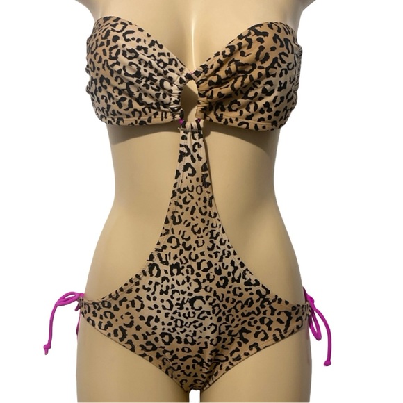 Twenty One Other - Leopard Animal Print Strapless One Piece Side Cutout Beige Adjustable Swimsuit